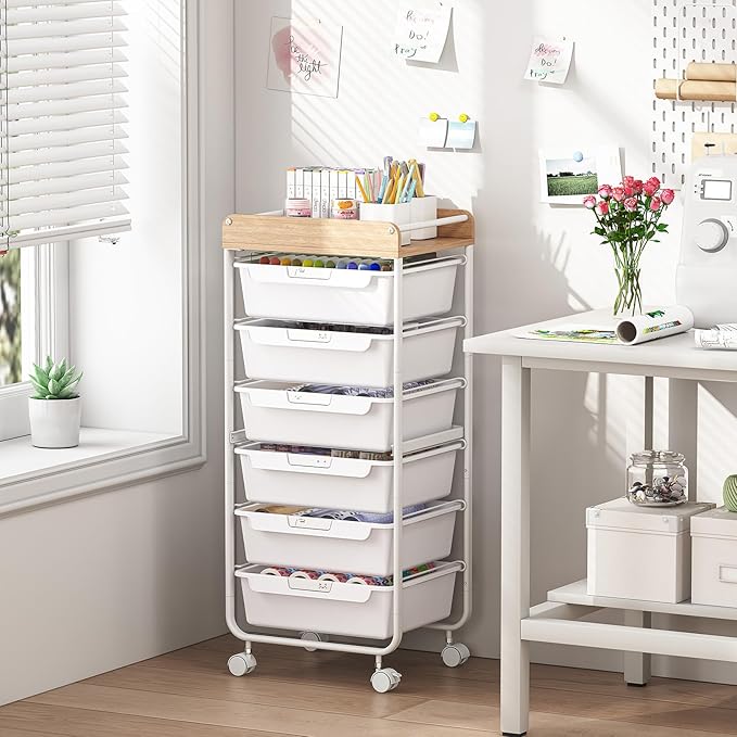 Rolling Storage Utility Cart With 6 Drawers,Art Supply Craft Organizer,Sewing Makeup Organizer And Storage,Office Organization Wooden Tabletop,White