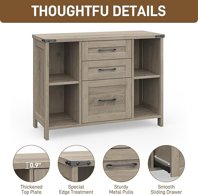 Vabches File Cabinet with 3 Drawers, Farmhouse Lateral File Cabinet Fits Files Letter/A4 Size, Wooden Filing Cabinet with Adjustable Shelves Printer Stand for Home Office, Grey
