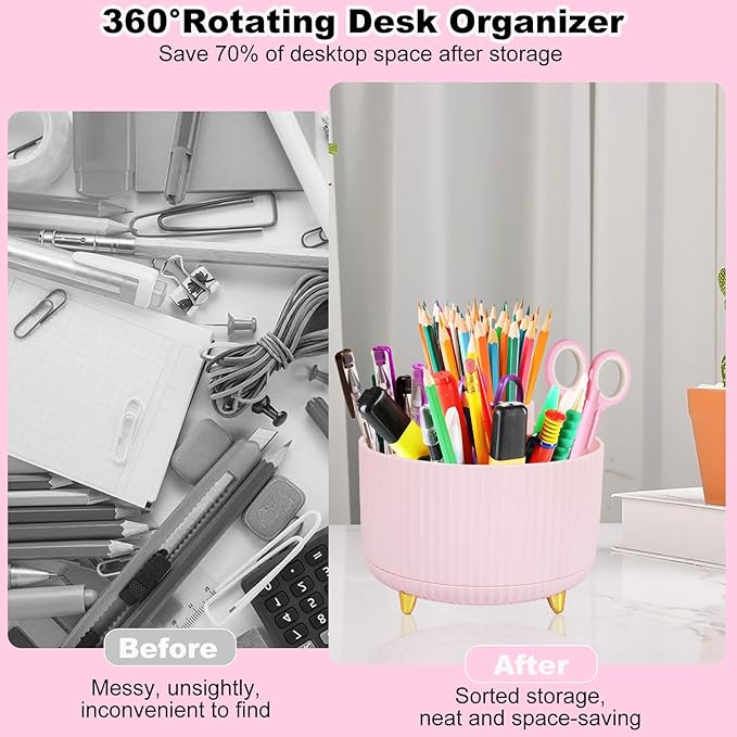 Gawsey Desk Organizers and Accessories Set with 360-Degree Rotating Pen Holder, Tape Dispenser, Stapler, Staple Remover, 1000 Staples, Tape, Clips Set, Ruler, Scissor, Pen