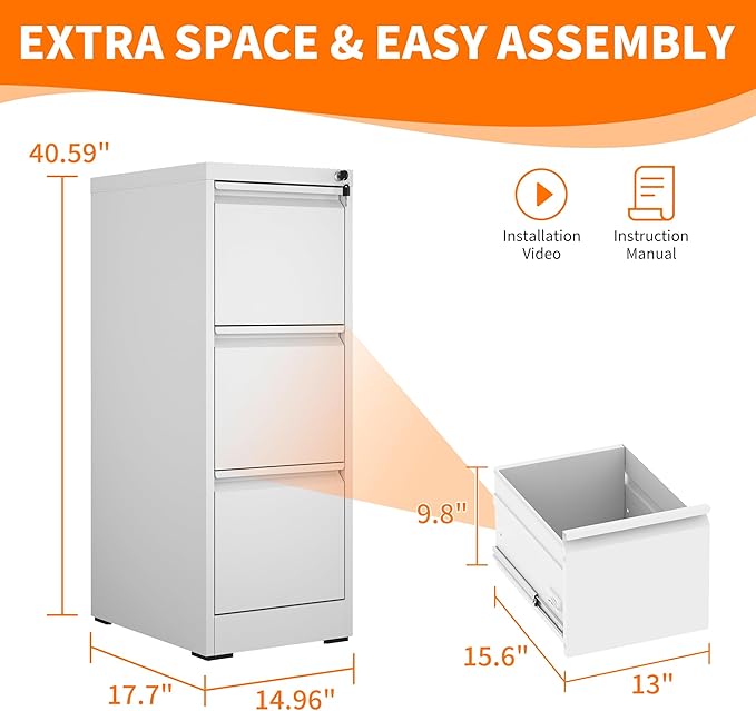 OPTYMIRA 3 Drawer File Cabinet with Lock,White Metal Filing Cabinets Heavy Duty Locking Vertical File Cabinet Home Office Steel Storage Cabinet for Legal/Letter Size File,Assembly Required