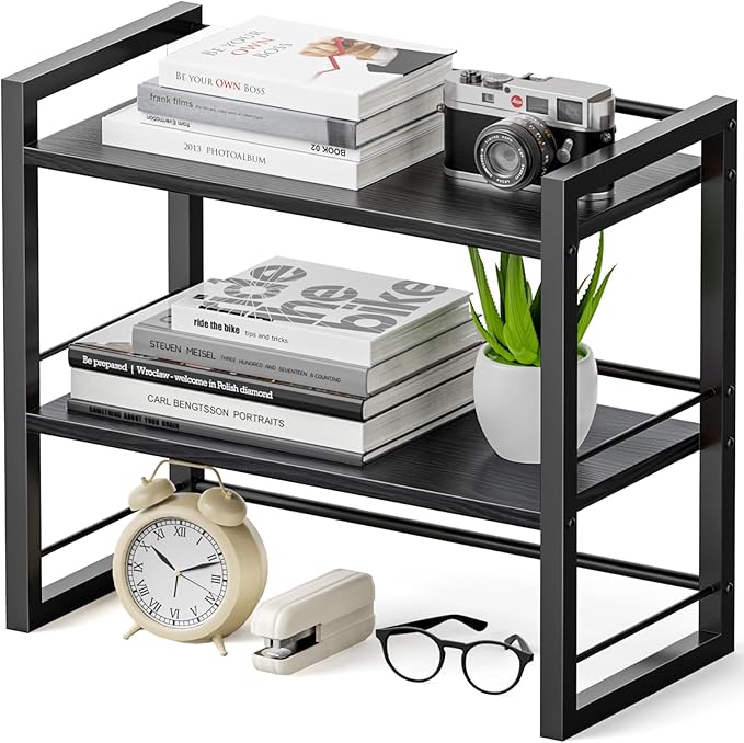 ART-GIFTREE Office Desk Shelf Organizer, Wood Desktop Bookshelf Supplies Storage Rack, Shelf for Top of Desk and Dresser (Pure Black-2 Tier)