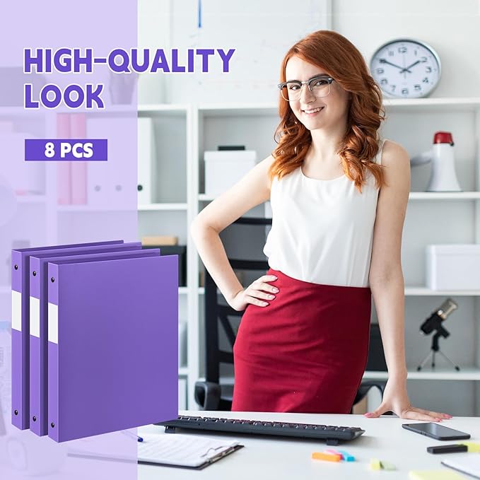Henoyso 8 Pcs 3 Ring Binder 0.5 Inch Round Fits Letter Size 8.5'' x 11'' Paper Plastic Flexible Binder Bulk Holds 140 Sheets with 1 Pockets Versatile Organizer for Home Office School (Purple)
