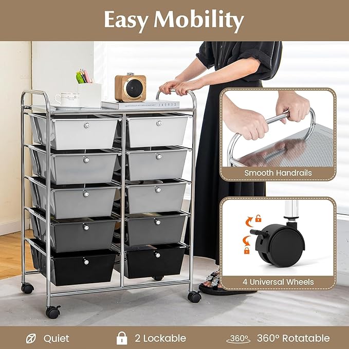 LDAILY 10 Drawer Rolling Cart, Storage Cart Organizer on Wheels, Drawer Cart with Metal Frame & Large Storage Capacity, Rolling Cart with Drawers for Living Room Classroom, Office