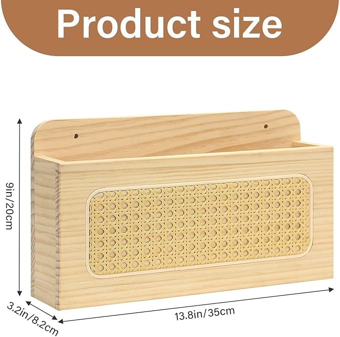 BXAIGR Rustic Wall Mounted Magazine Rack - Solid Wood Mail Holder with Rattan Weave, Boho File Organizer for Magazine,Books, Records(1 PACK)