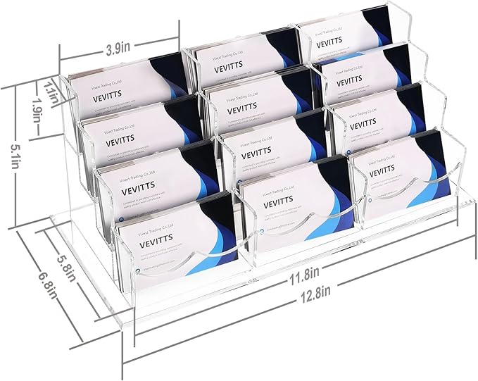 Vevitts Business Acrylic Card Holder Display for Desk, 12 Slots 4 Tiers Multiple-Clear Acrylic Business Card Stand Set, Holds Approximately 600 Cards