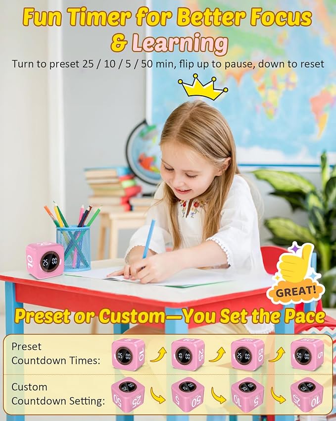 Digital Pomodoro Timer Cube 5/10/25/50min, Visual Productivity Flip Timer for Kids Classroom Desk, Custom Countdown, Silent and Sound Mode for ADHD Study Work Game Kitchen (Pink)