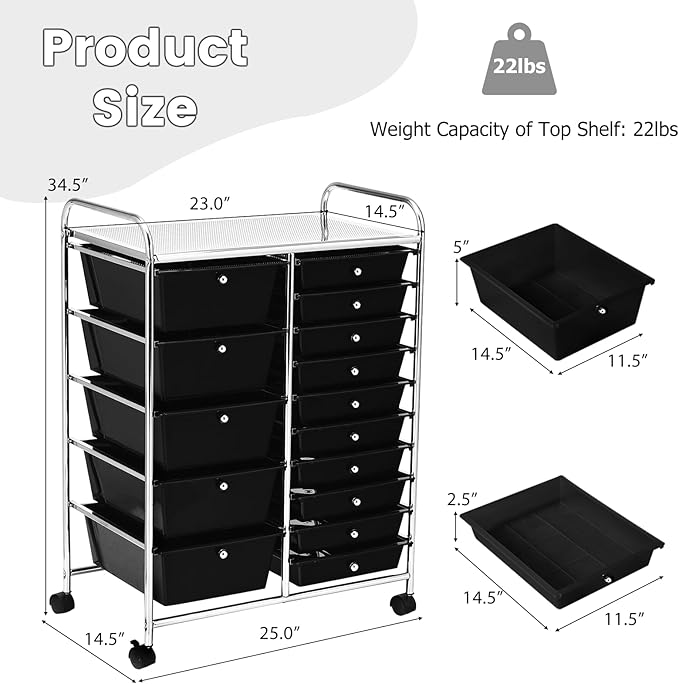 GLACER 15 Drawers Rolling Cart, Storage Cart with w/Removable Drawers & Steel Frame, Multipurpose Organizer Cart w/Sleek Handle, Utility Cart on Lockable Wheels for Home, School, Office (Black)