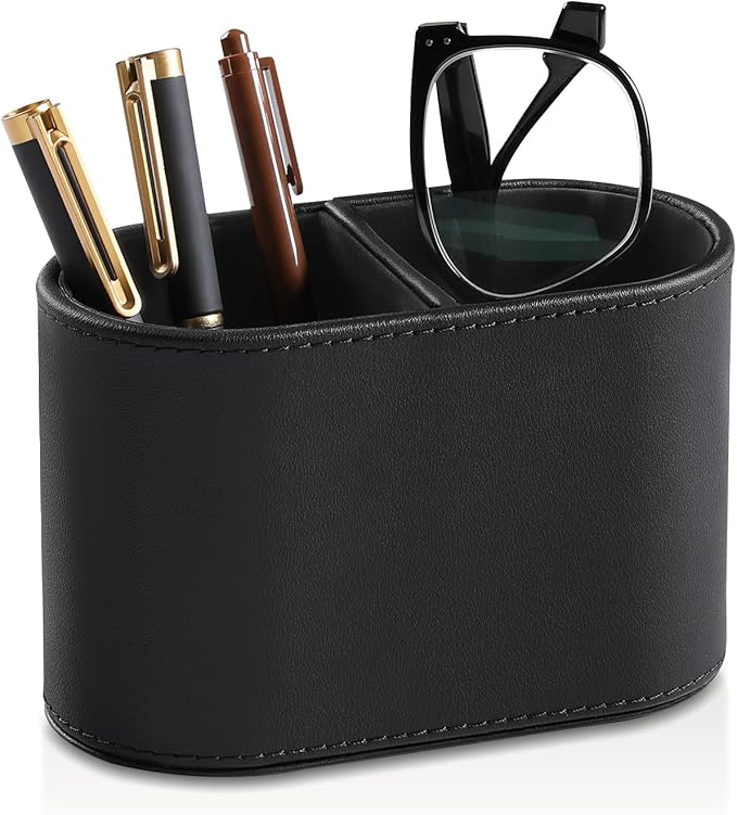 MEIBOOCH PU Leather Pen Holder for Desk, Small Remote Control Holder Pencil Cup Multifunctional Desktop Organizer Caddy for Home School Office Desk Accessories - 2 Compartments (Black)