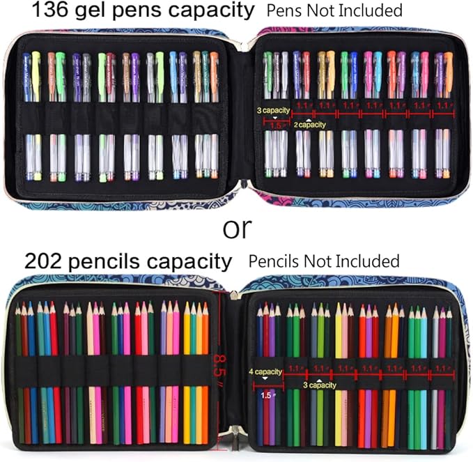Pencil Case Holder Slot - Holds 202 Colored Pencils or 136 Gel Pens with Zipper Closure - Large Capacity Polyester Pen Organizer for Watercolor Pens or Markers - Perfect for Artist Blue Impression