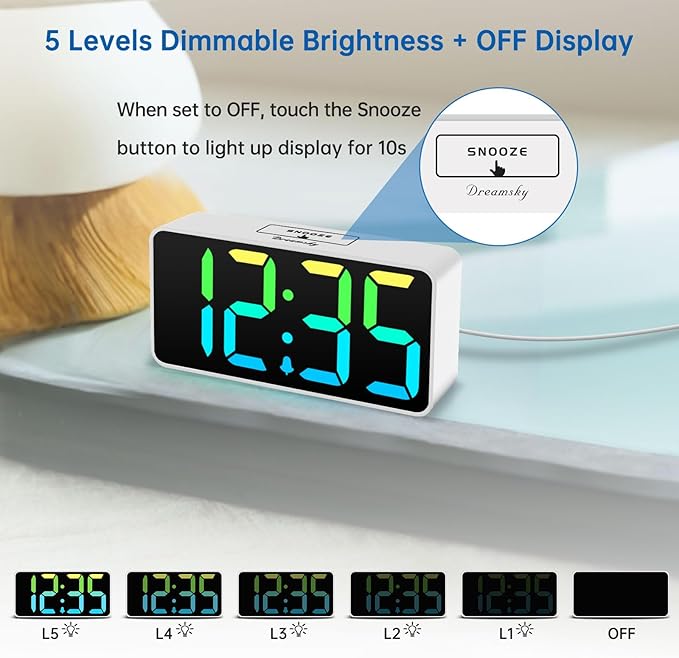 DreamSky Super Loud Alarm Clock for Heavy Sleepers - RGB Small Digital Clock for Kids Bedroom Bedside Nightstand, Electric Desk Clock with Large Number, Dimmer, Adjustable Volume, USB-C Powered