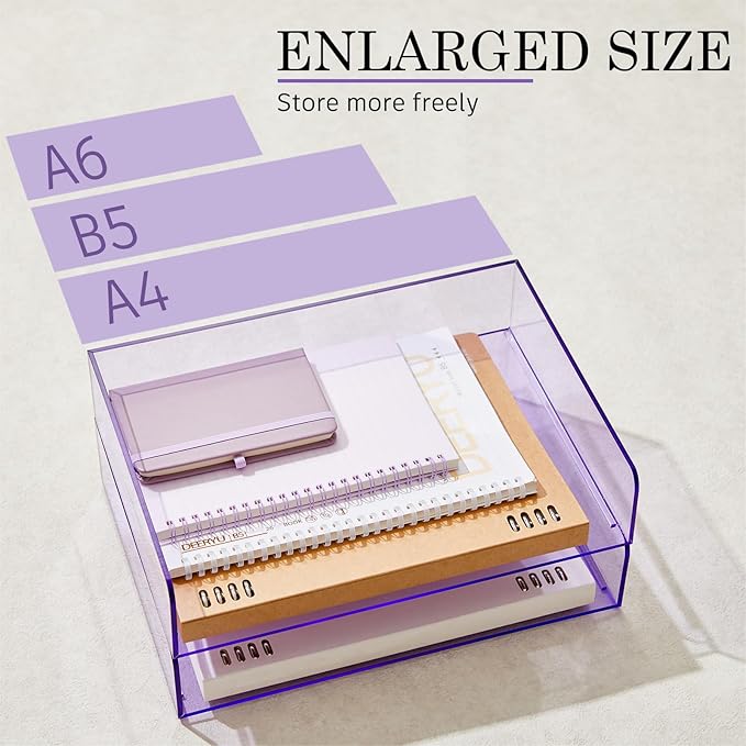 Harloon 4 Tier Acrylic Paper Tray 12.4 x 8.7 x 2.7 Inches Stackable Letter Clear Organizer No Need to Assemble Acrylic Paper File Organizer for Office Workspace Desktop Storage (Transparent Purple)