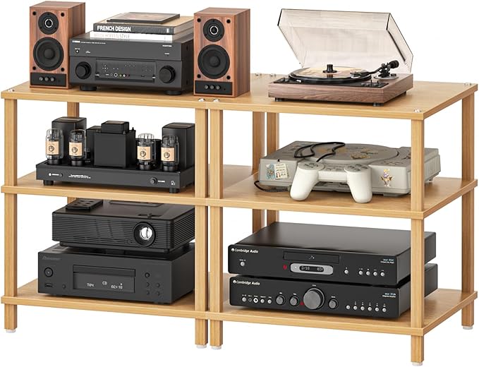 LELELINKY 3-Tier AV Media Player Stand Set of 2, Natural Stereo Cabinet, Wooden TV Stand,Game Console Shelf, Multifunctional Entertainment Center, Suitable for Home, Conference Room, Game Studio
