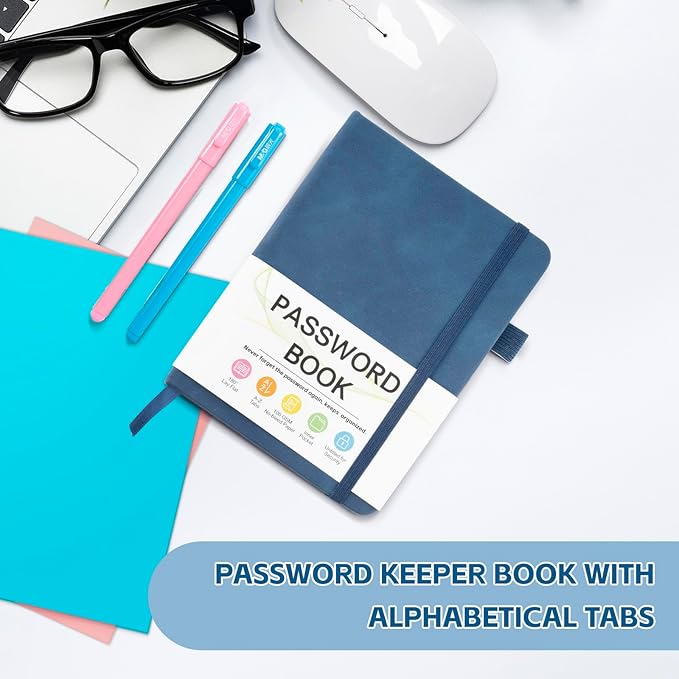 MOSA BEAR Password Keeper Book with Alphabetical Tabs，4.3"x5.7" Small Password Books for Seniors Password Notebook for Internet Website Address Log in Detail（Dark Blue） [unknown_binding]