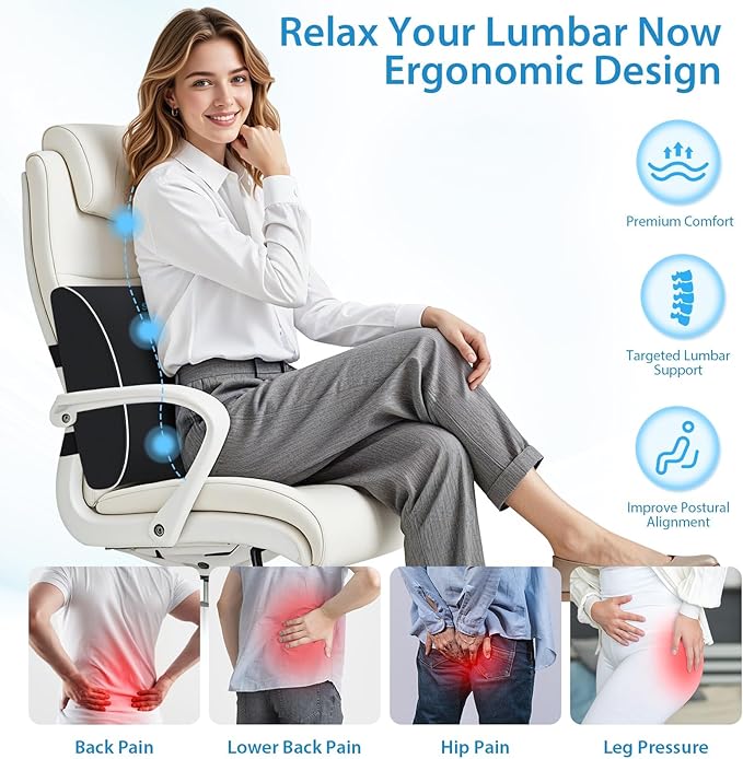 SweetSlubr Large Lumbar Support Pillow for Office Chair, Car Seats and Home Desks, Ergonomic Back Support with Double Adjustable Straps, Machine Washable Cover, Grey