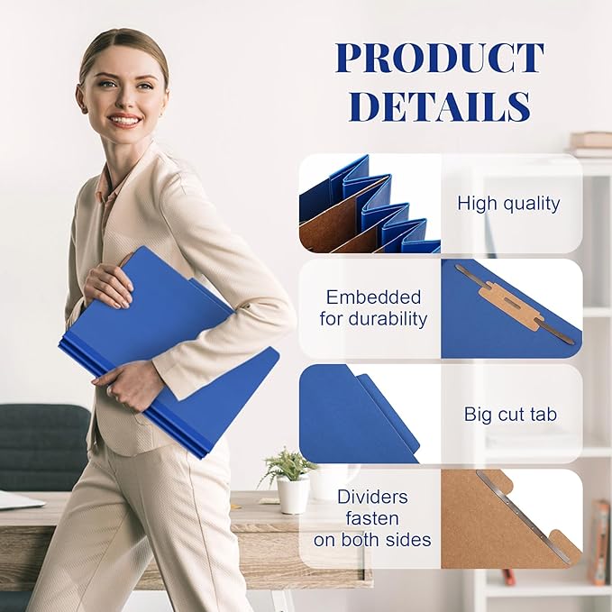 Skyygemm 12 Pcs Classification Folders Letter Size, 3 Divider Pressboard File Folder with Fasteners, Expanding File Organizer Bulk for School Teachers, Office Employee, Coworker, Staff (Dark Blue)