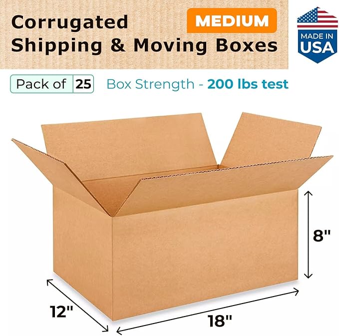 Medium Moving & Shipping Boxes 18"L x 12"W x 8"H (25-Pack) - Extra Strength 200 lb vs Regular - Corrugated Packaging Boxes, Made in USA - Strong Moving Supplies Box - Square Box by IDL Packaging