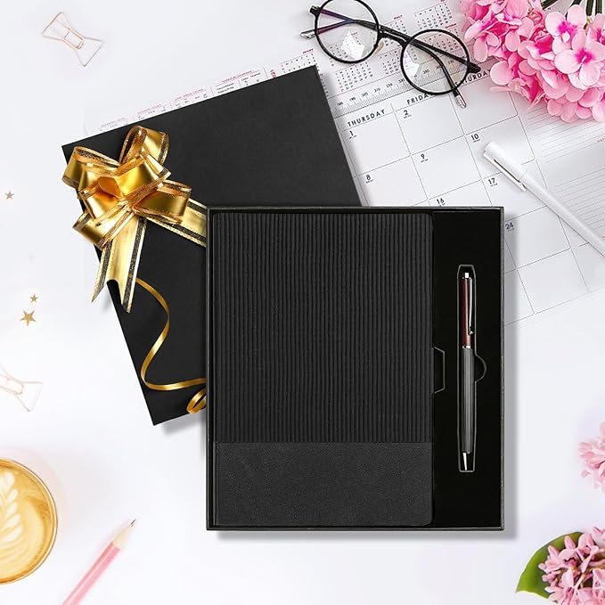 TSFPapier A5 Lined Notebook with Pen & Gift Box 216 Pages PU Leather Journals for Women Men 100GSM Thick Paper College Ruled Notebook for Christmas Gifts,School,Travel,Business,Work,Home Writing (Black)