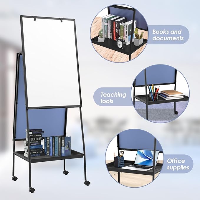 MAKELLO Rolling Whiteboard on Wheels 36x24 in, Double Sided Mobile White Board with Storage Tray for Office School Home, Magnetic Classroom Easel for Teacher, Height Adjustable, Aluminum Frame, 3'x2'