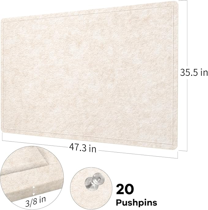 Large Bulletin Board - 48 x 36 Inches, Decorative Felt Pin Board for Wall - 4' x 3' Foldable Photo Display Board with Self-Adhesive Tape, Includes 20 Push Pins - Oatmeal