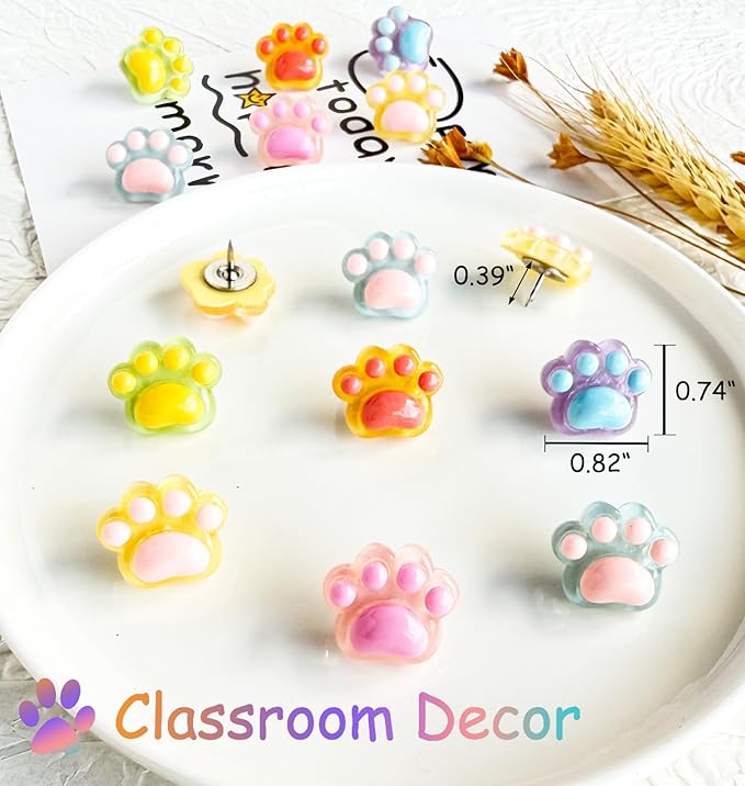 30 pcs Cat Paw Push Pins, Cute Animal Decorative Thumbtacks,Cartoon Drawing Pins for Cork Board,Photo Wall,Memo Paper,Menu Maps,Home and Office Decor,Class or Cubicle Decor