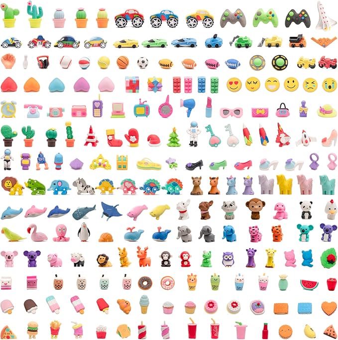 CLOCK KING 210pcs 3D Cute Kids Erasers, Random Desktop Pet Toys Gifts, Classroom Rewards Kids Party Gifts, Various Styles Such as Animals, Food, Plants, Space, Princess, Sports, Halloween, Christmas