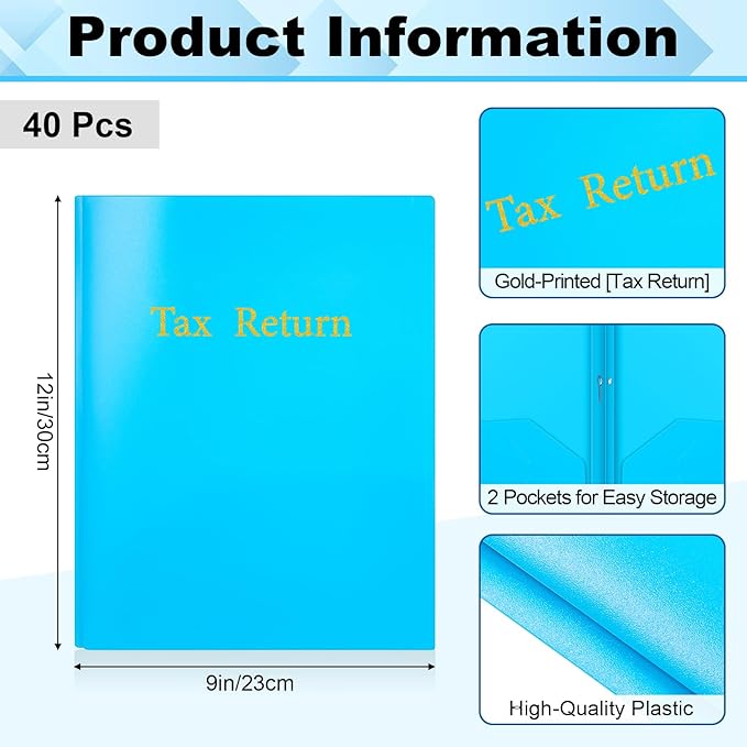 Harloon 40 Pcs Plastic Tax Return Folders 12 x 9 Inches 2 Pocket Folders Bulk Gold Foil Stamped Heavyweight Folder, Holds 8 x 11 Inches Letter Size Paper(Blue)
