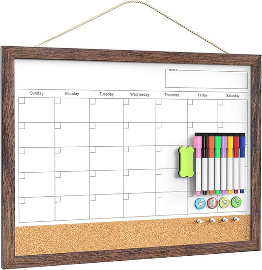 Calendar Whiteboard for Wall, 18x24 Inches White Board Calendar Dry Erase, Magnetic White Board with Wood Frame, Hanging Dry Erase Board for Kitchen Home Office School Planner