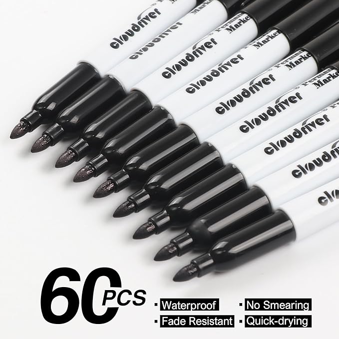 cloudriver Black Permanent Markers Fine Tip, 60 Packs Permanent Markers Bulk, Quick Drying & Fade Resistant, Permanent Marker Set Works on Plastic,Wood,Stone,Metal and Glass for Doodling, Marking