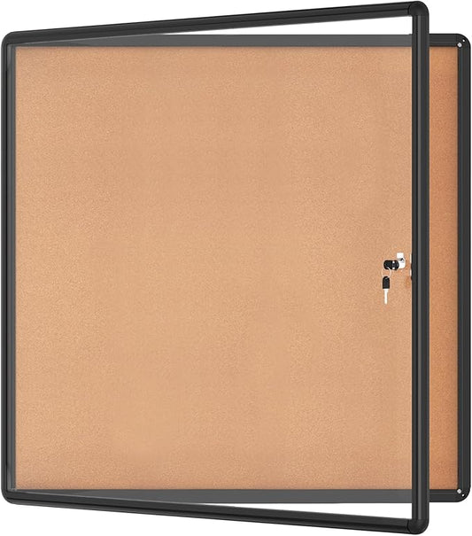 Mifuro 38"x38" Enclosed Bulletin Board, Lockable Weather-Resistant Aluminum Cork Noticeboard for School & Office, Black Frame w/Cork
