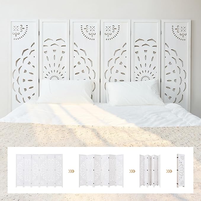66.9Inch Wooden Room Partition - 6 Panels Boho-Styled Space Room Divider for Home/Office, Headboard & Yoga/Photo/Video Call Backdrop (White)