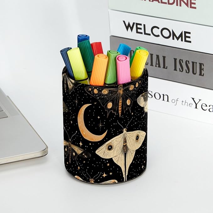 Leather Pen Holder for Desk, Butterflies Moth Moon Pencil Cup Desktop Organizer Makeup Brush Holders Office Supplies for Home, Kids & School