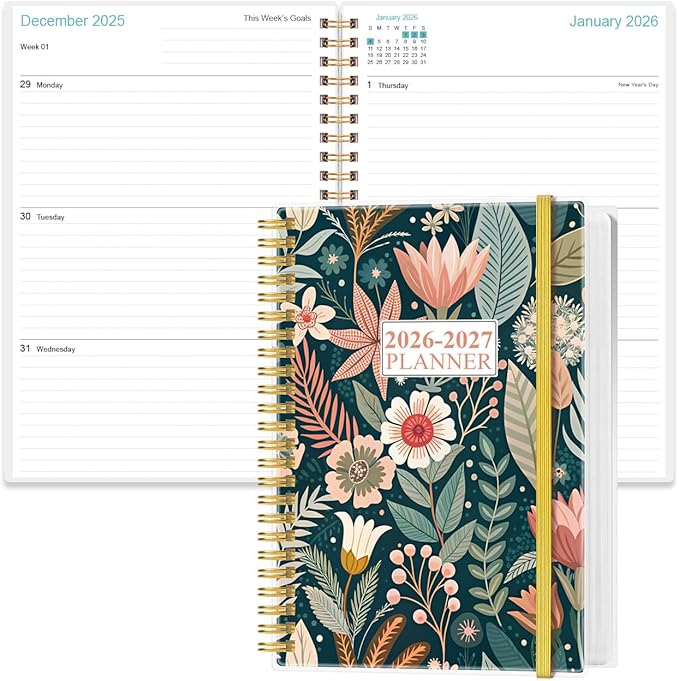 2026-2027 Planner - 18 Months Weekly & Monthly Planner from January 2026 - June 2027, Spiral Notebook 2026-2027 with Elastic Closure, Inner Pocket, Medium 5.8" x 8.3", Flower-C