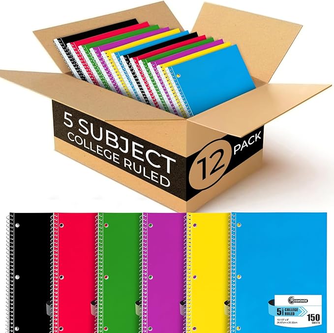 Rosmonde Spiral Notebook 12 Pack, 5 Subject, 300 Pages/Book (150 Sheets), College Ruled, 8 x 10-1/2, School & Office Bulk Spiral Notebooks, Spiral Journal for College, Soft Cover, Assorted Colors