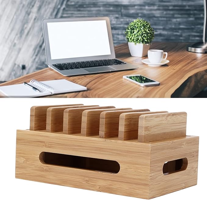 Leapiture Charging Station Organizer, Multiple Devices Charging Station Wood Cell Phone Dock Portable Tablet Computer Organizer Storage Box for Home Office