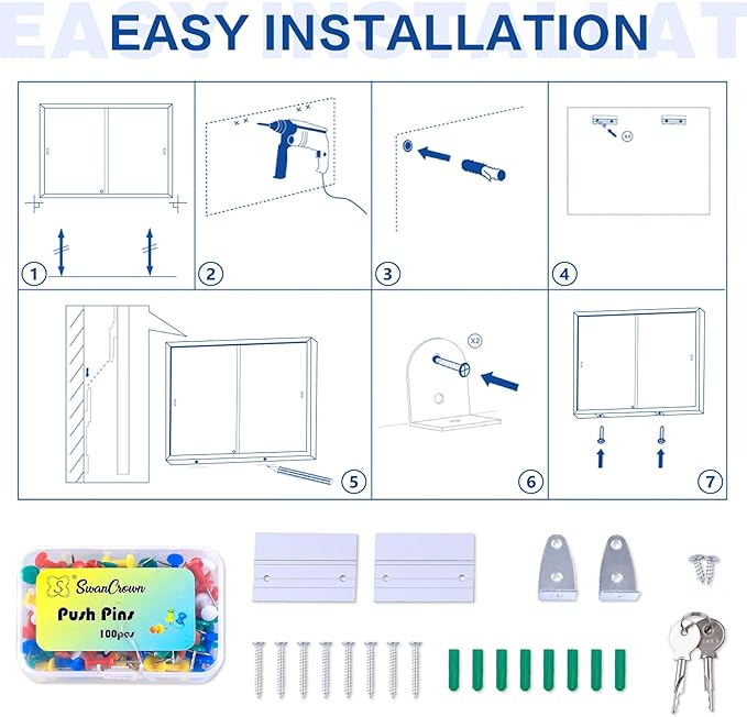 SWANCROWN Glass Enclosed Bulletin Board 48"x32", Locking Cork Board with Sliding Glass Doors for Indoor Use