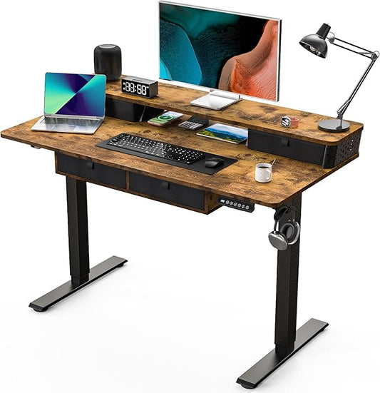 Kingant 48 x 24 Inch Electric Standing Desk with 4 Drawers, Height Adjustable Sit to Stand Computer Desk with Storage Shelf and C-Clamp Mount Compatibility for Home Office, Rustic Brown