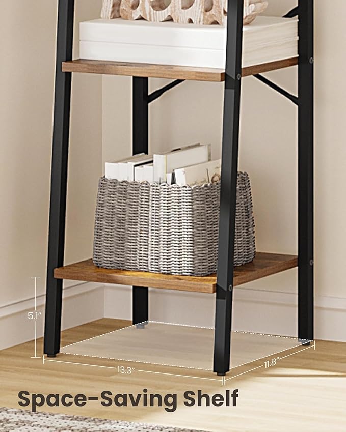Hzuaneri Ladder Shelf, Bookshelf Bookcase, Freestanding Corner Storage Shelve with 2 Hooks for Home Office, Living Room, Kitchen, Bedroom, Industrial, 11.8"D x 13.4"W x 72.8"H, Rustic Brown BC13301B