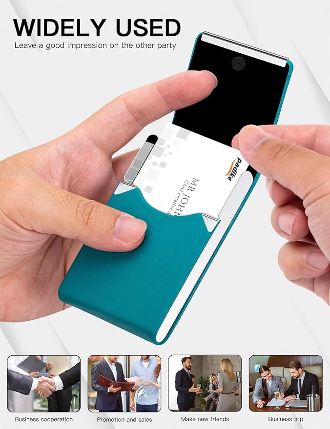 Padike Professional Business Card Holder PU Leather Business Card Case Name Card Holder Slim Metal Pocket Card Holder with Magnetic Shut (Y-Blue green)