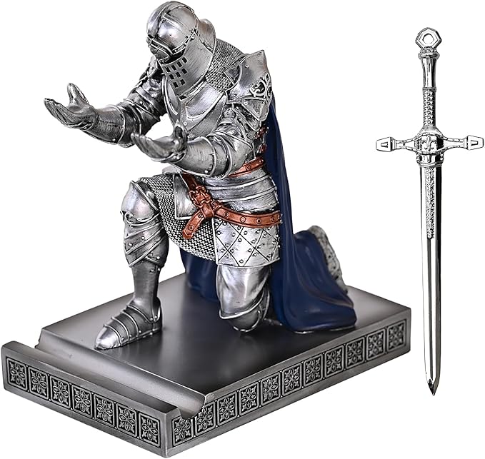 HDMbigmi King's Guard Leader Cloak Warrior Knight Pen Holder Mobile Phone Stand, Ornament Knight Statue, Pen Stand Paperweight for Office and Home (SilverBlue)