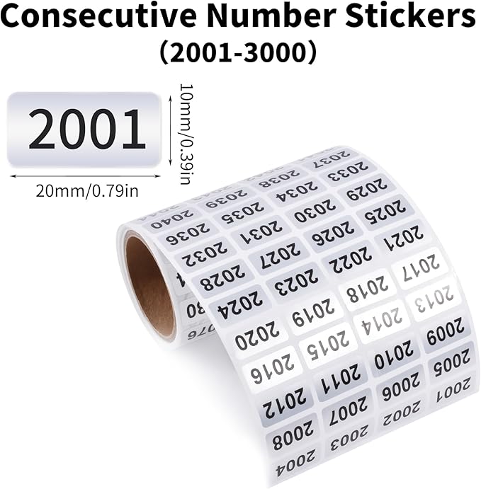 2001-3000 Consecutive Number Inventory Stickers Self Adhesive Waterproof Labels Office Warehouse Numbering Classification Black Printing on Silver Sticker 0.79 x 0.38 Inch