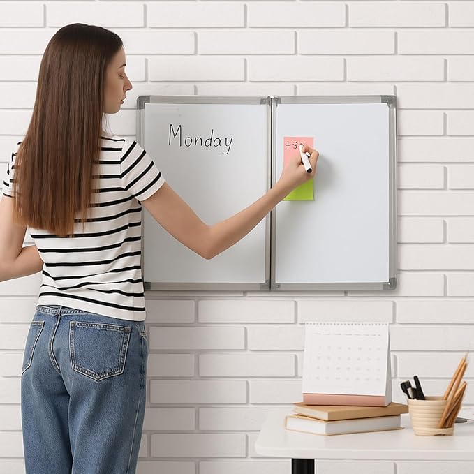 48” x 18” Foldable Whiteboard Dry Erase Board Large Tri Folding Whiteboard Magnetic Dry Erase Board, Wall Aluminium Frame and Flip Out Pen Tray for Office, Home