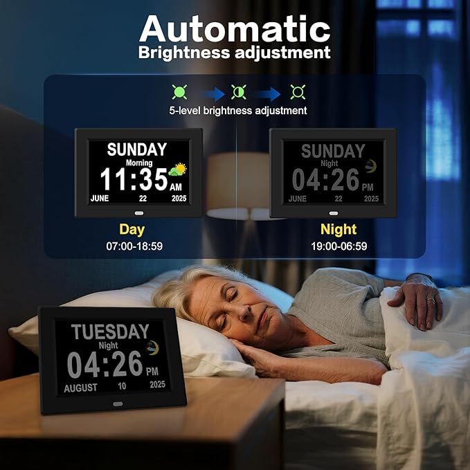10'' Large Display Digital Alarm Clock for Seniors Date Day of Week Electric Digital Clocks 12 Alarms 4 Colors Desk Calendar Clocks for Memory Loss Alzheimers Clock Auto DST/Dimmer