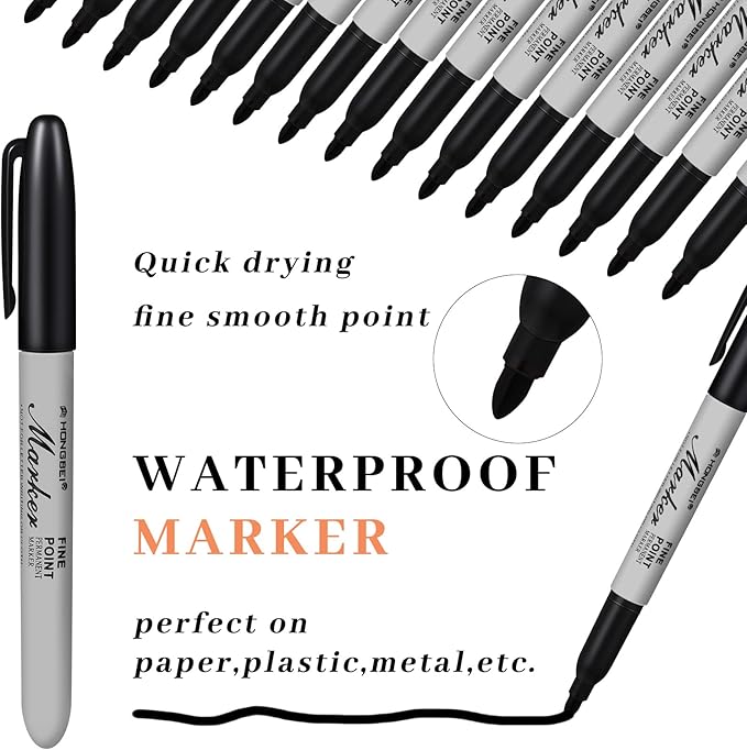 Thenshop 500 Pack Black Permanent Markers Bulk - Fine Point Permanent Marker Quick Drying Waterproof Pens for Doodling Writing Marking Classroom Work on Wood Metal Stone Glass, Office School Supplies