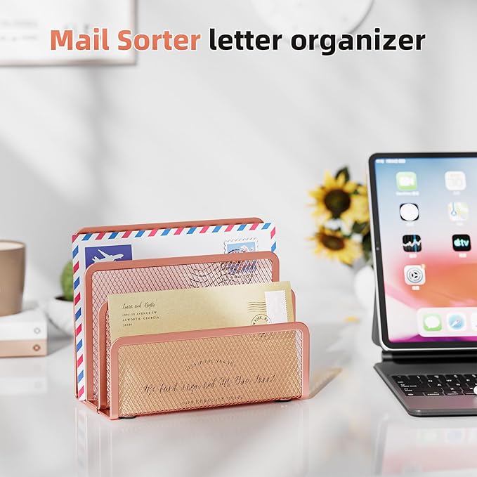 Marbrasse Mail Organizer for Desk, 3-Slot Mesh Metal Mail Holder countertop, Letter Holder, Office Desktop Envelope and Document Storage Rack (Rose Gold)