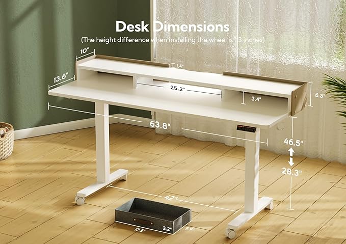 Claiks Standing Desk with Drawers, Adjustable Stand Up Electric Standing Desk Adjustable Height with Storage Shelf and Splice Board, 63 Inch, White