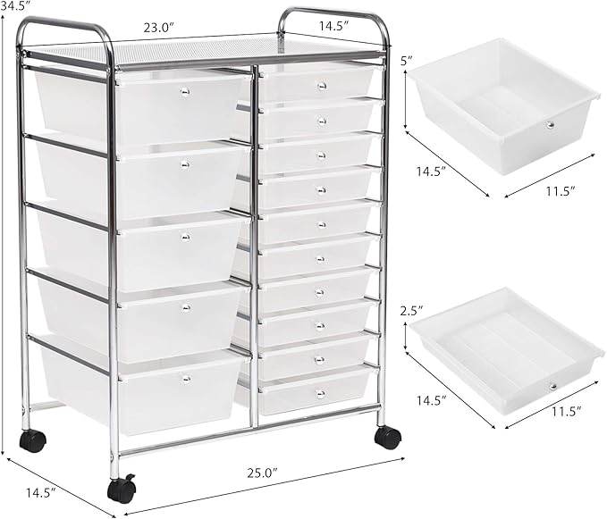 HAPPYGRILL 15-Drawer Rolling Cart, Storage Carts with Removable Drawers & Steel Frame, Utility Cart on Lockable Wheels for Home, School, Office,Clear