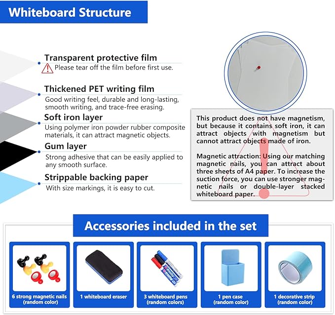Magnetic Dry Erase Whiteboard Paper with Adhesive, 55" x 27" White Board Film for Wall, Easy to Write and Clean Dry Erase Board for Office, Classroom, Home, Include Marker, Magnetic Eraser and Magnets