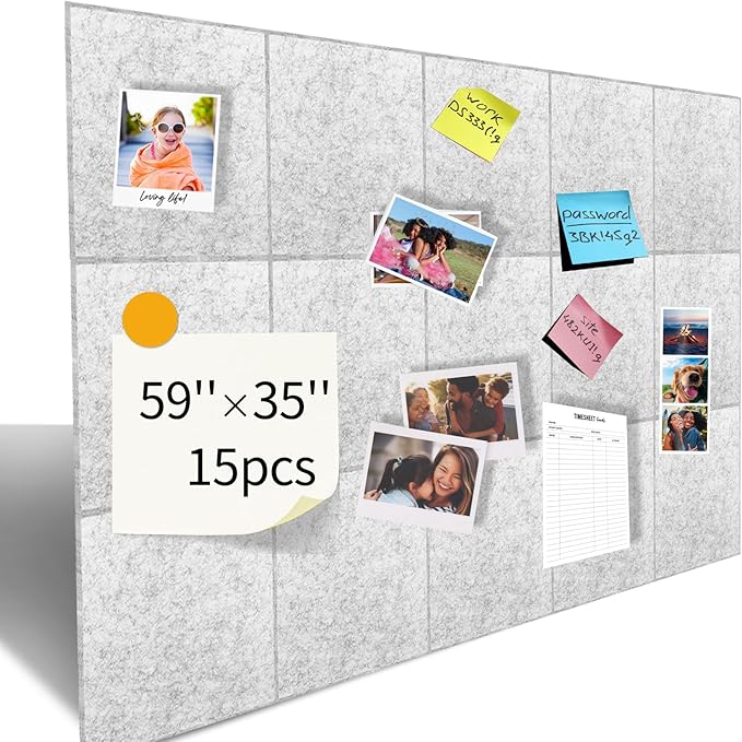 Large Cork Bulletin Board Alternative for Office60 x 35" - 15 Pack Felt Bulletin Boards Dart Wall Protectors 70 Pcs Safe RemovableAdhesive Tabs Pcs for Office Wall, School, Home Decor, Silvery Grey