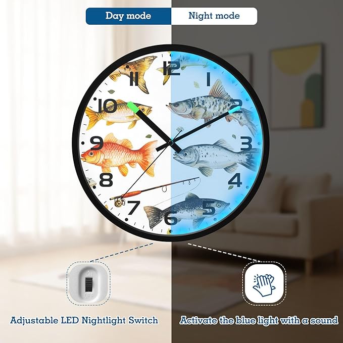 Vozoza Fishing Underwater 12 Inch Analog Wall Clocks Battery-Operated with Led Lights for Living Room Bedroom Kitchen Office Decor, Battery Not Included