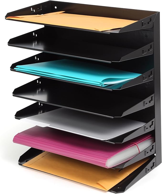 Huron Desktop Horizontal 7-Slot Legal File Binder Organizer Storage Letter Tray, Black Commercial Grade Steel